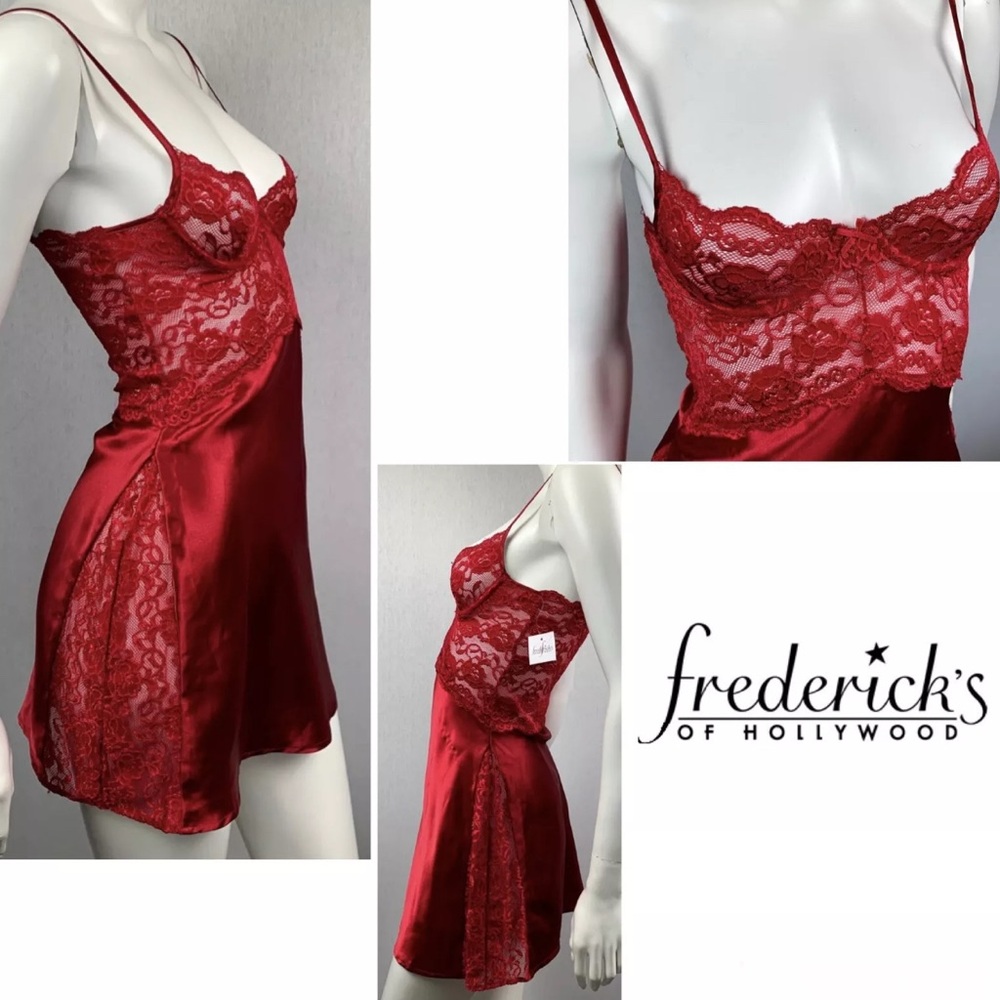 💸SOLD. VTG Frederick’s of Hollywood Red Satin Lace Bustier Slip XS fits A B